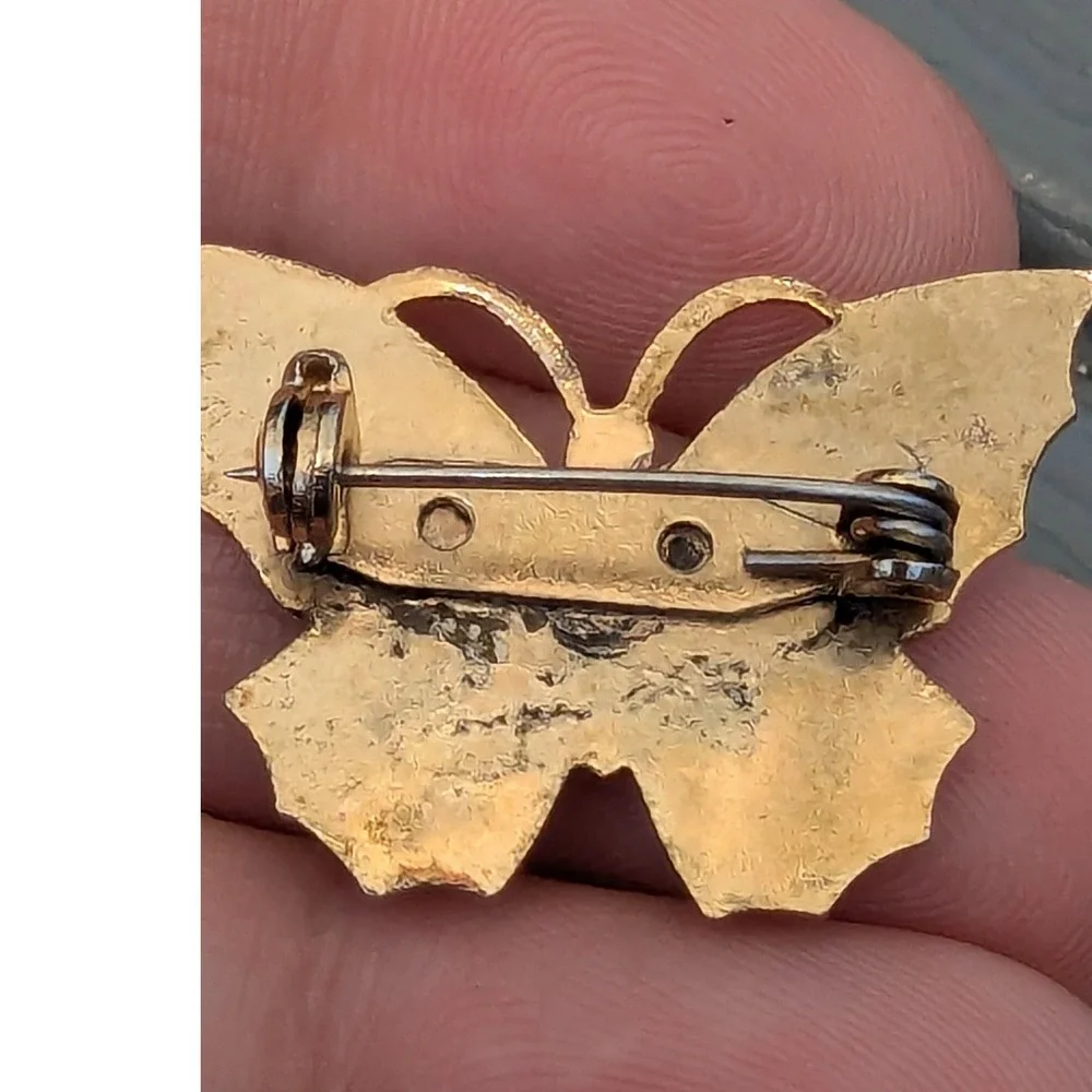 Vintage Style Green Enamel Butterfly Brooch Gold Tone Statement Pin Whimsical